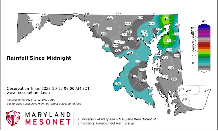 October 12 weather rainfall Monday Maryland Mesonet