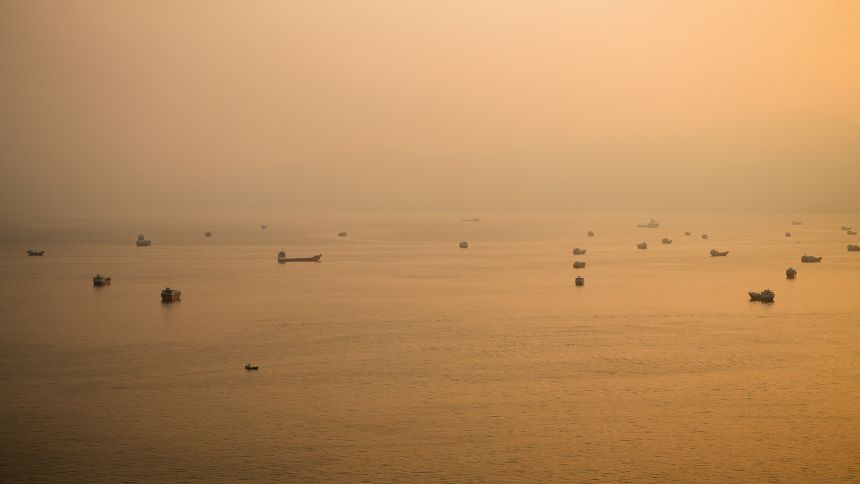 Vessels by the Strait of Hormuz, as seen from Musandam, Oman, October 12, 2026.