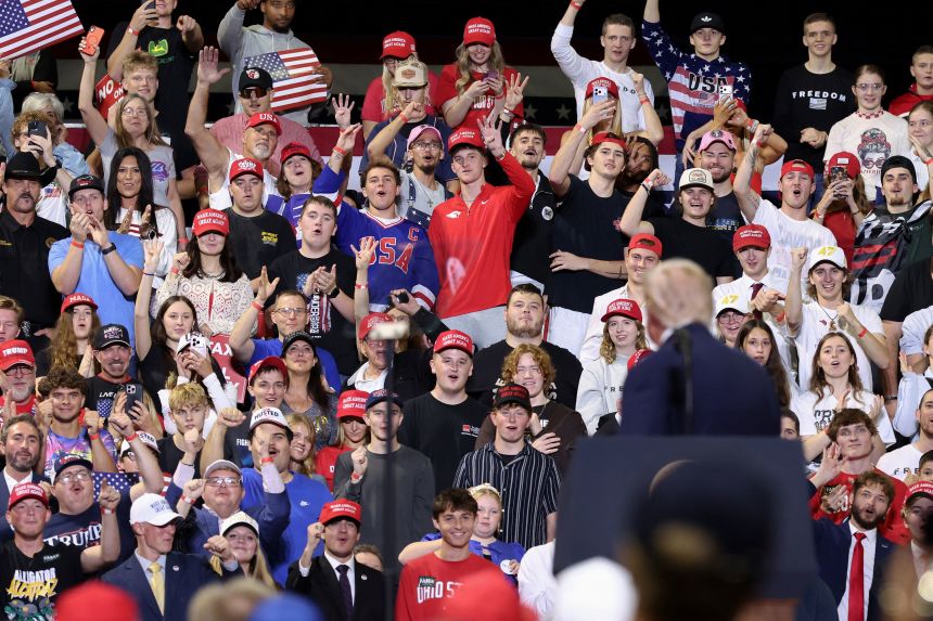 Supporters cheer for President Donald Trump during a campaign rally in Youngstown, Ohio, on October 12, 2026.