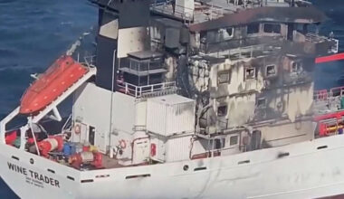 Aerial footage shows San Marino-flagged tanker wine trader ship that caught fire in Romanian territorial waters