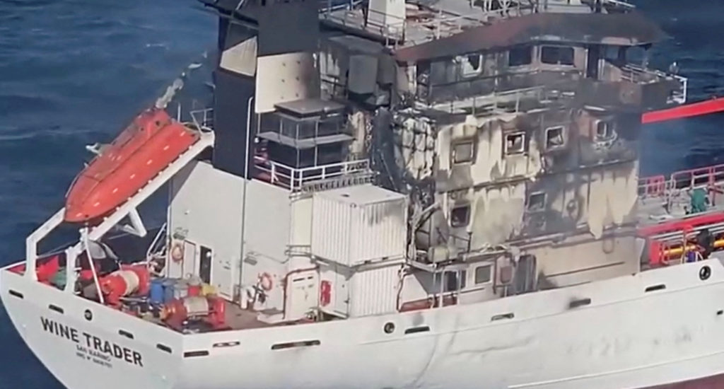 Aerial footage shows San Marino-flagged tanker wine trader ship that caught fire in Romanian territorial waters