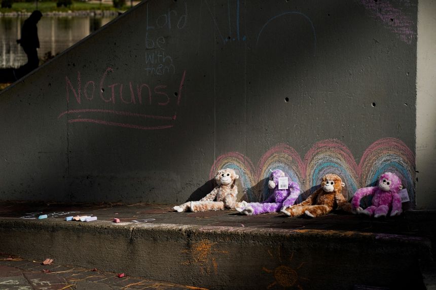 A makeshift memorial at Drake Park on October 17, in the aftermath of a shooting at the Silver Rail Elementary School, on Thursday, in Bend, Oregon.
