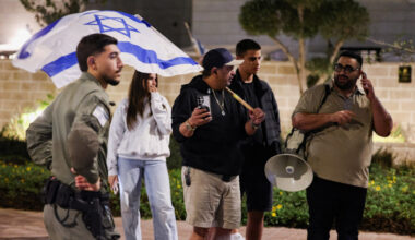 Israeli protesters attend a demonstration outside Yashar party leader Gadi Eisenkot's home, in Herzliya