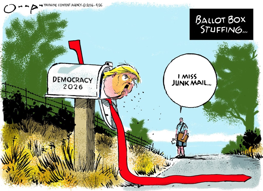 A cartoon by Jack Ohman showing Trump poking out of a mailbox as a mail carrier approaches.