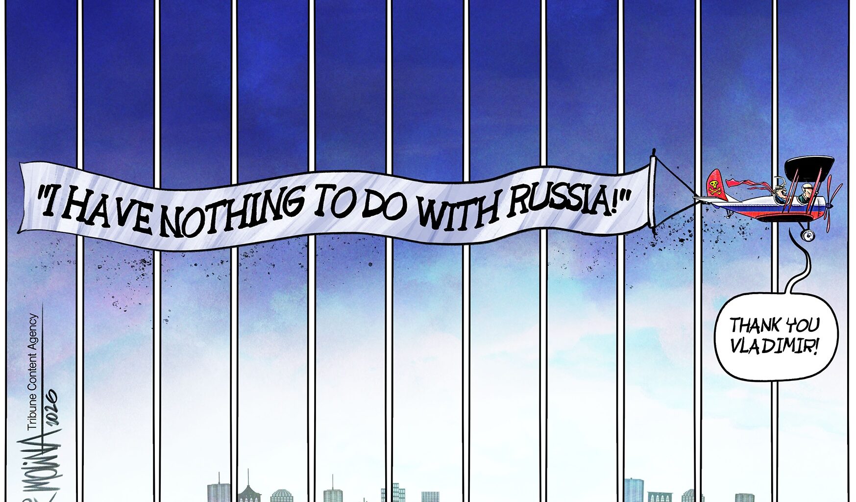 A cartoon by Pedro Molina showing Trump flying a plane through the years carrying a banner that says, "I have nothing to do with Russia!"