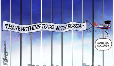 A cartoon by Pedro Molina showing Trump flying a plane through the years carrying a banner that says, "I have nothing to do with Russia!"