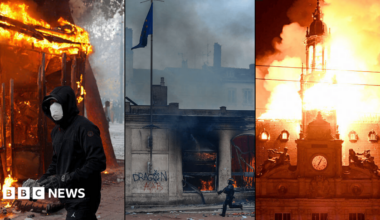 Map of France highlighting Paris, Lyon and Limoges alongside photographs showing unrest: a burning kiosk, a municipal building engulfed in flames, and a fire-damaged building.