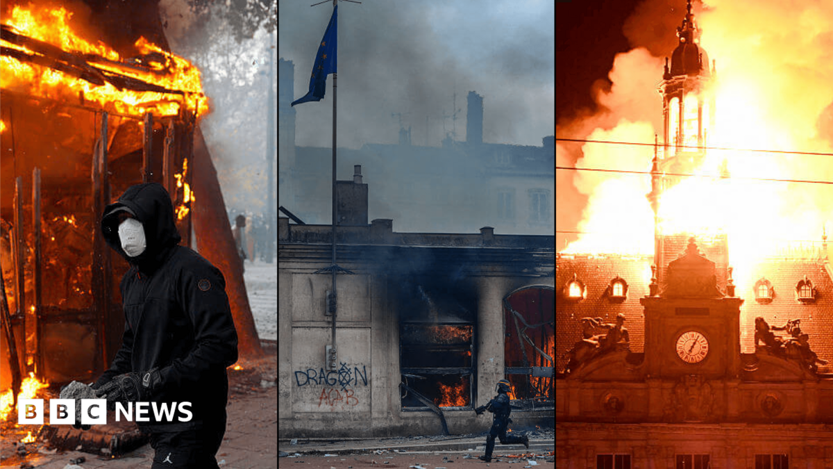 Map of France highlighting Paris, Lyon and Limoges alongside photographs showing unrest: a burning kiosk, a municipal building engulfed in flames, and a fire-damaged building.