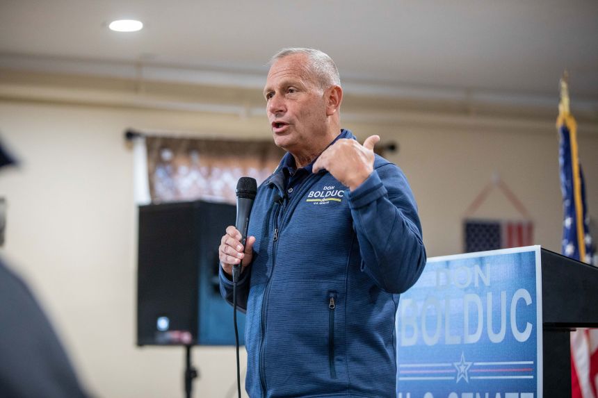 DERRY, NH - OCTOBER 15: Republican senate nominee Don Bolduc speaks during a campaign event on October 15, 2022 in Derry, New Hampshire. Bolduc, and Army General who won the GOP primary will take on Sen. Maggie Hassan (D) in November.