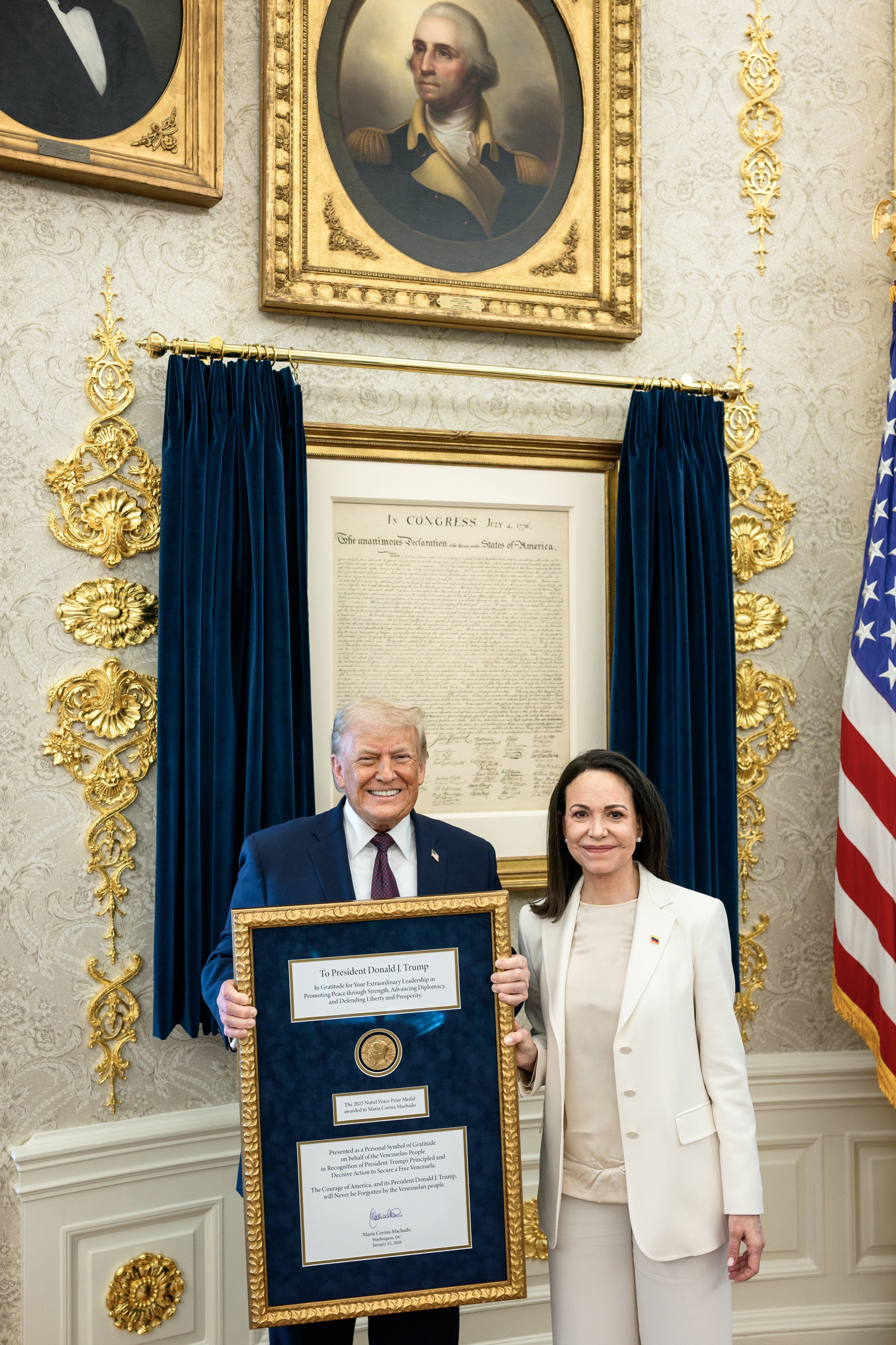 Donald Trump meets with Venezuelan opposition leader Maria Corina Machado in the Oval Office, on January 15, 2026