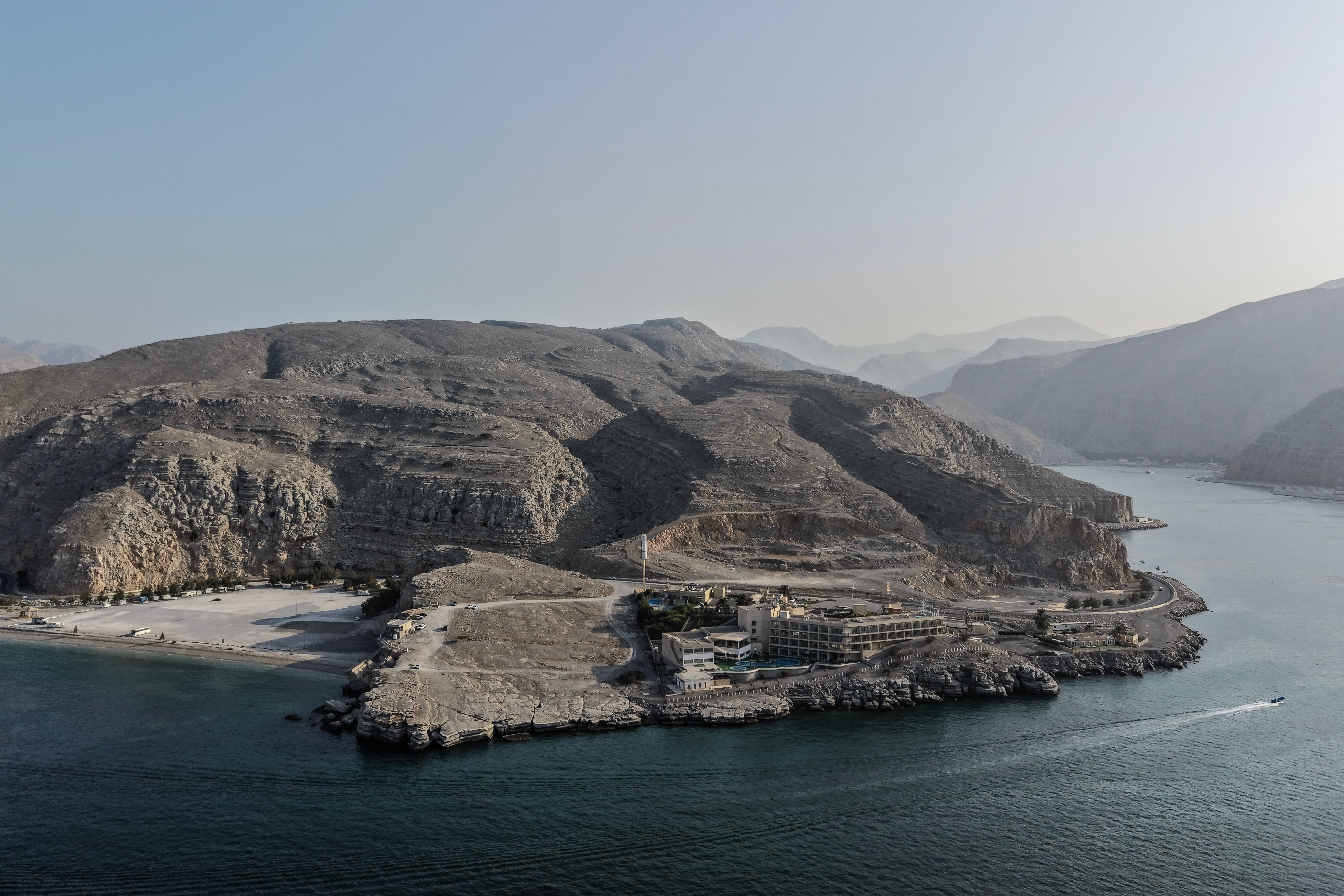An aerial view shows the coastline of Khasab in Oman's Musandam Governorate, near the Strait of Hormuz, on October 2, 2026.