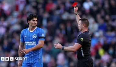 Pascal Struijk is shown a red card by referee Thomas Bramall