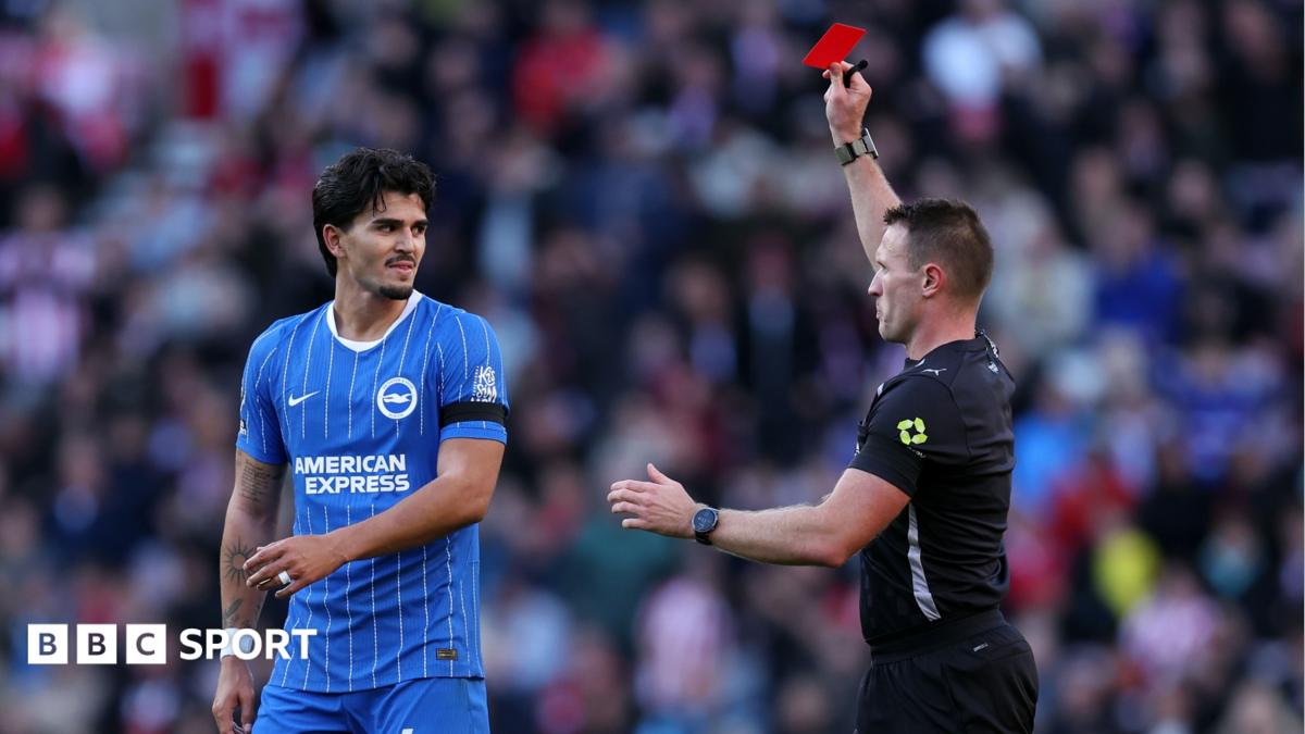 Pascal Struijk is shown a red card by referee Thomas Bramall