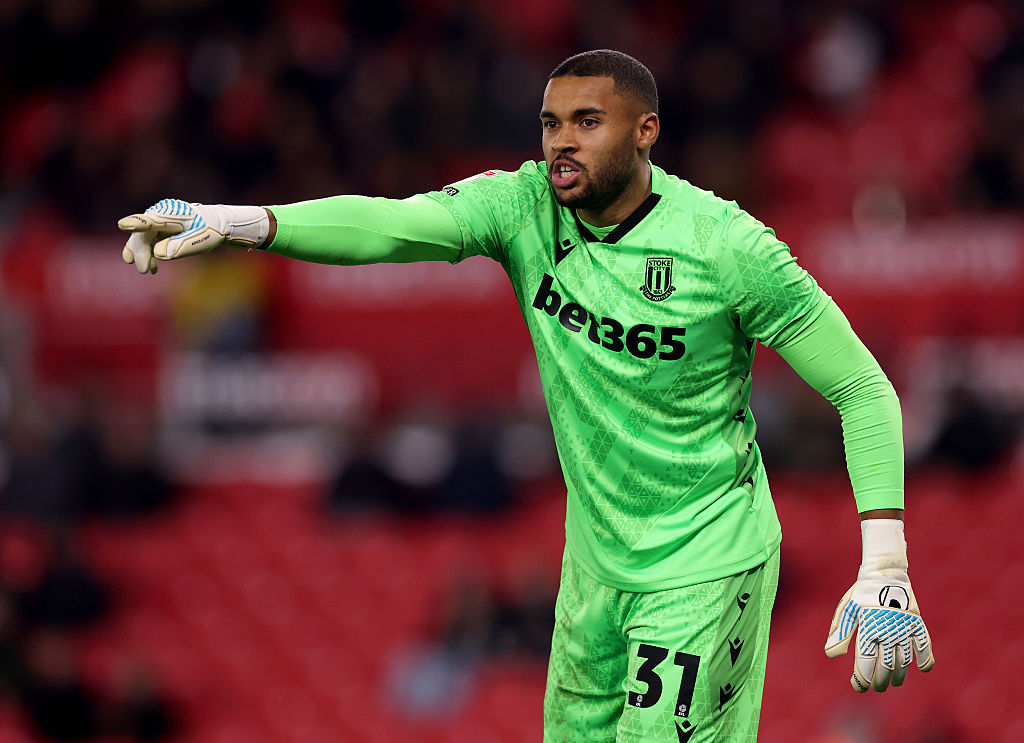Irish goalkeeper Gavin Bazunu plays during the Sky Bet Championship match on April 21, 2026, in Stoke-on-Trent, England.