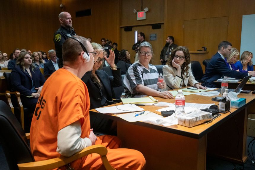 PONTIAC, MICHIGAN - APRIL 9: (left to right) James Crumbley, his attorney Mariell Lehman, Jennifer Crumbley, and her attorney Shannon Smith, sit in court for sentencing on four counts of involuntary manslaughter for the deaths of four Oxford High School students who were shot and killed by the Crumbley parents' son, on April 9, 2024 at Oakland County Circuit Court in Pontiac, Michigan. Crumbley and his wife Jennifer Crumbley were the first parents in U.S. history to be criminally tried and convicted for a mass school shooting that was committed by their child. ((Photo by Bill Pugliano/Getty Images)