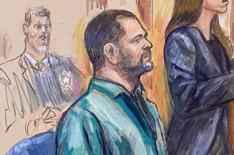 A sketch of David Rush sitting in court, side profile