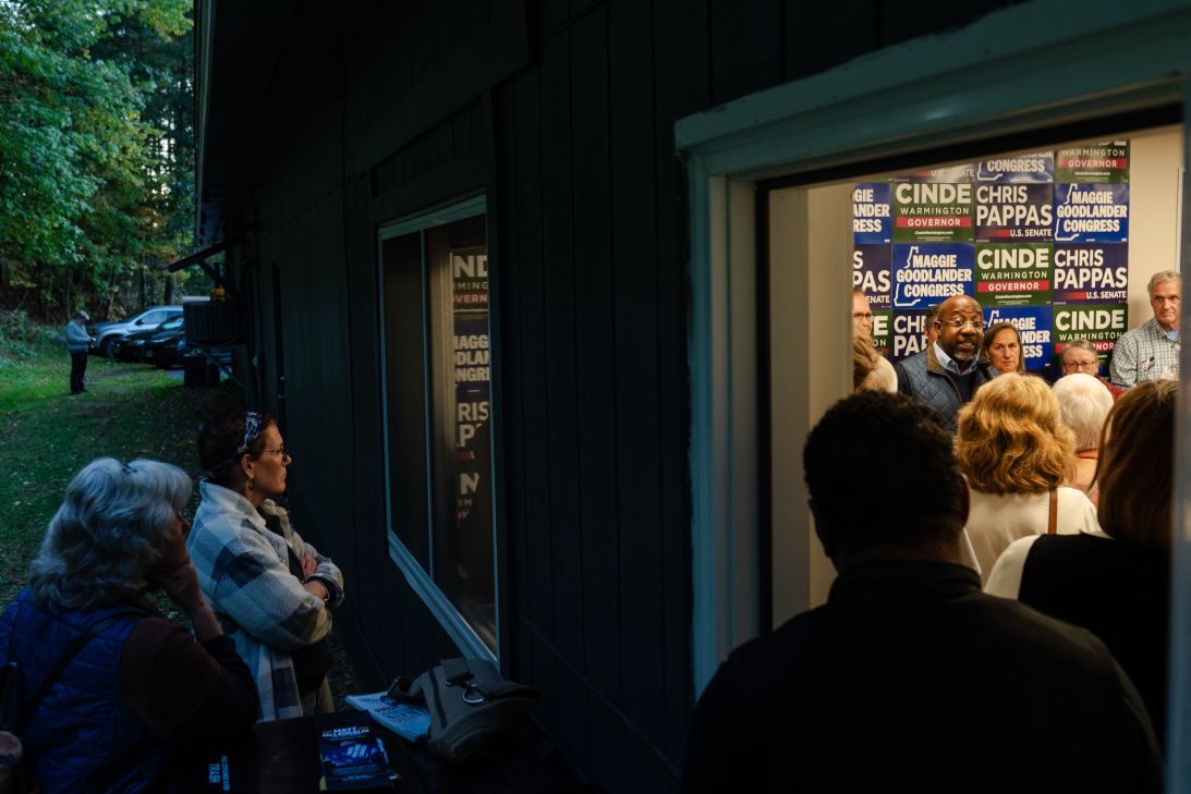 Sen. Raphael Warnock speaks to a packed room during the opening of a new campaign office for Chris Pappas in Swanzey, New Hampshire, on October 6.