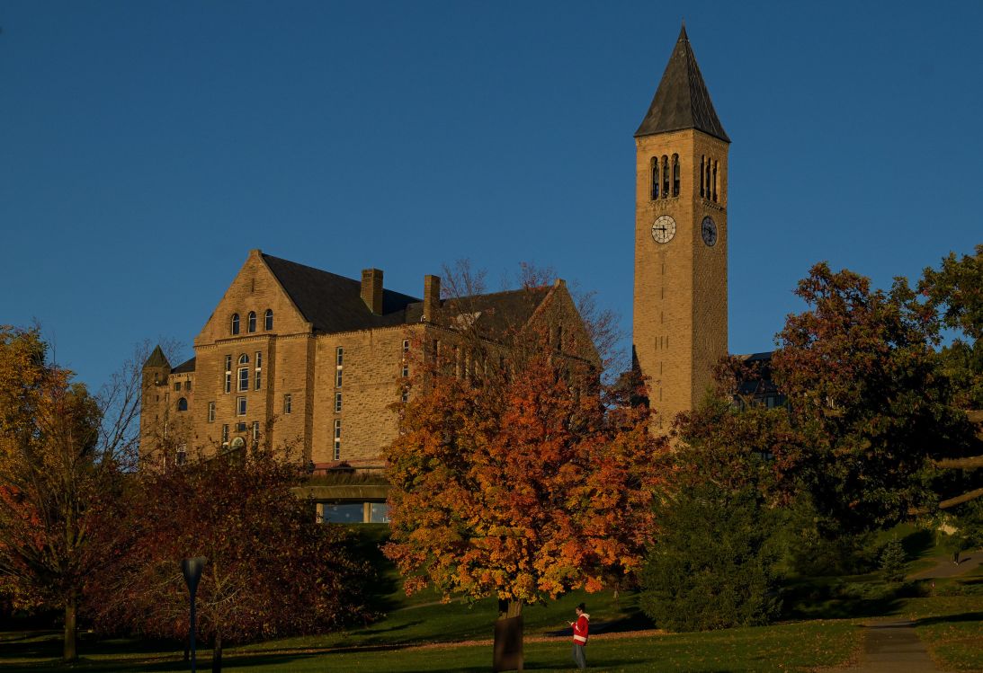McGraw Tower and Uris Library are bathed in late-day sun at Cornell University on Saturday.