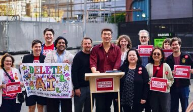 COPE candidates (center) at a rally calling for a moratorium on AI data center construction and opposing city use of AI in Vancouver, Canada, on September 10, 2026.