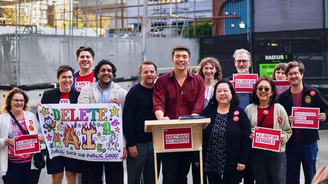 COPE candidates (center) at a rally calling for a moratorium on AI data center construction and opposing city use of AI in Vancouver, Canada, on September 10, 2026.