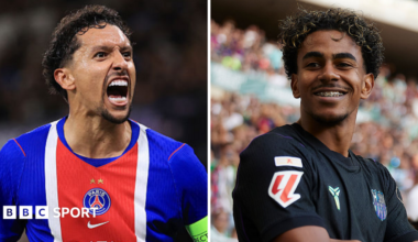 A split picture of Marquinhos and Lamine Yamal