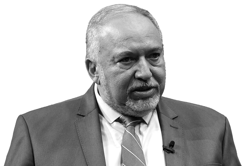 A black and white photo of Avigdor Lieberman.