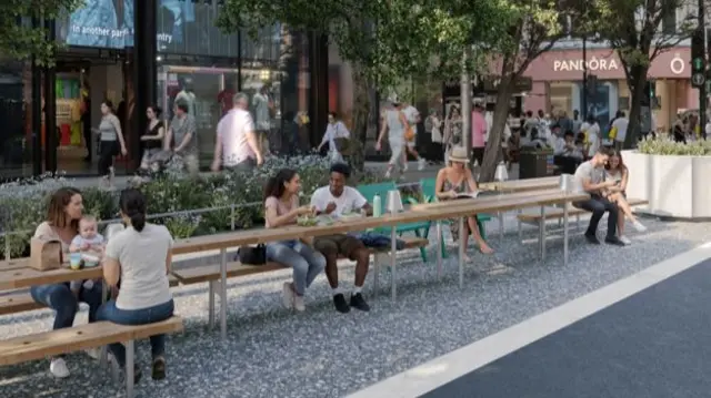 A computer generated image of people sat at tables on the newly pedestrianised route