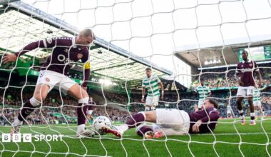 Hearts players try to prevent Celtic's fifth goal