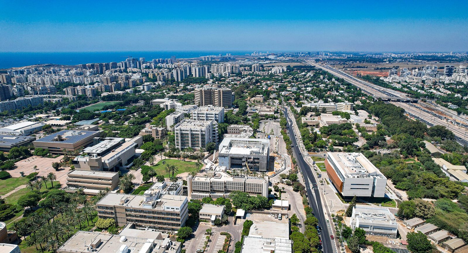 Aerial view showing northern part of a university campus and roads, Tel Aviv