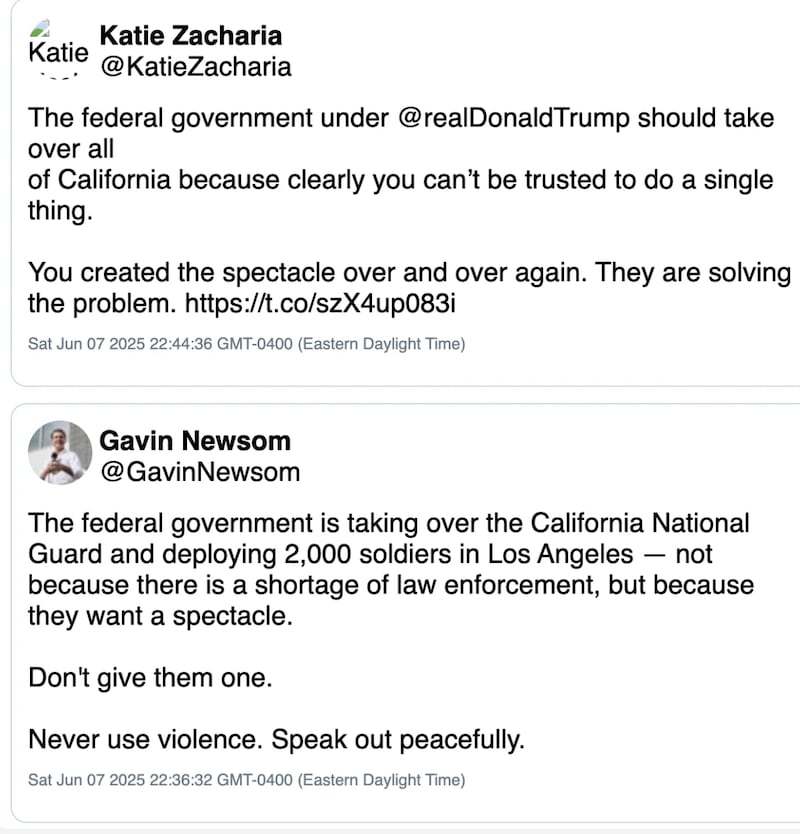 Donald Trump's new press secretary Katie Zacharia calls for the president to take over California in a post she tried to delete.