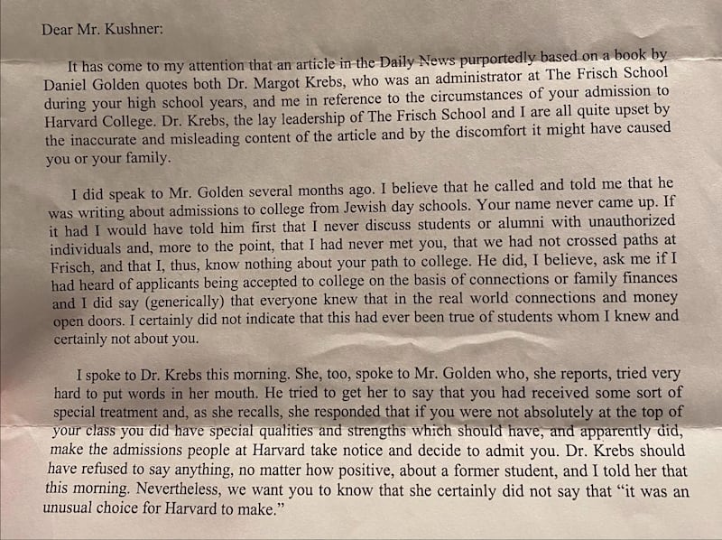 A 2006 letter from Jared Kushner's school principal that he shared while claiming his high school record had been distorted.