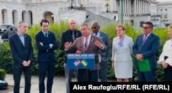 Republican Representative Don Bacon (center) speaks outside the US Congress after the passage of the Ukraine Support Act on June 4.