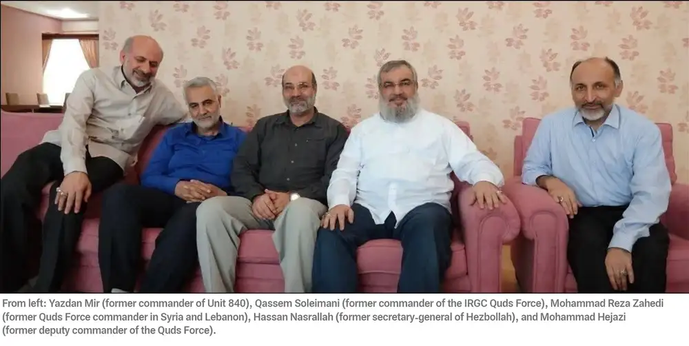 Yazdan Mir, the former commander of Unit 840, pictured with Hassan Nasrallah, Mohammad Reza Zahedi and Mohammad Hejazi.