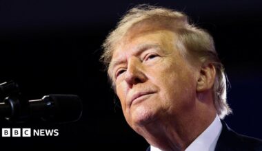 US President Donald Trump attends a campaign rally to support Republican House of Representatives candidate Ed Gallrein and Senate candidate Andy Barr, at Truist Arena in Highland Heights, Kentucky, US, October 17, 2026.