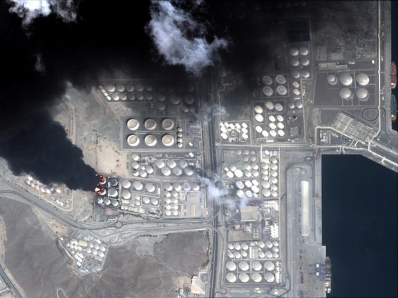 A satellite image taken March 5, 2026, at the United Arab Emirates port of Fujairah after an attack on March 3, 2026, shows tanks burning. 