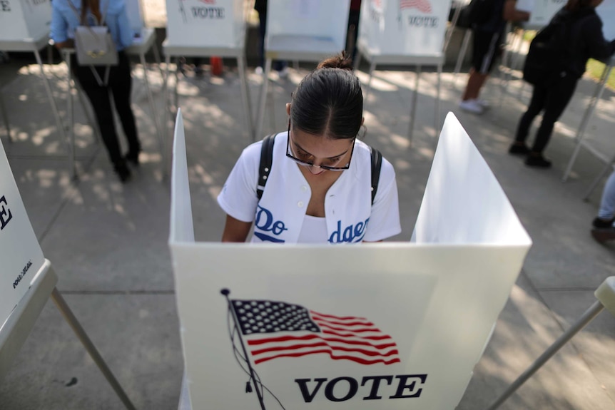 Woman stands behind a single voting station