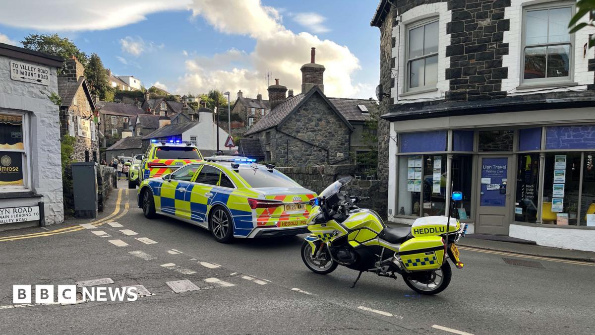 Police vehicles on a high-street road in a town
