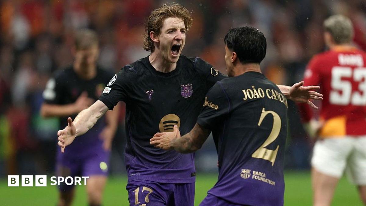 Anthony Gordon celebrates scoring for Barcelona against Galatasaray