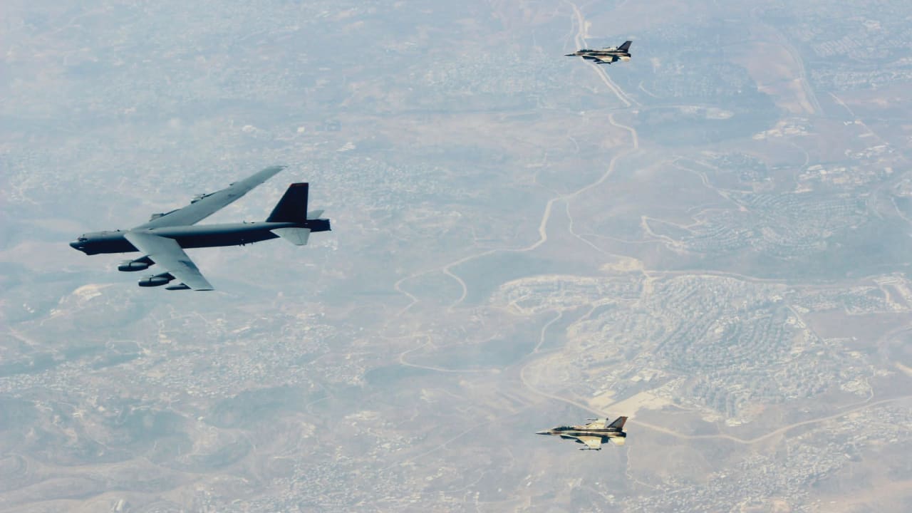  TWO ISRAELI Air Force F-16I fighter jets accompany a US B-52 bomber over Israel as it makes its way to the Gulf.