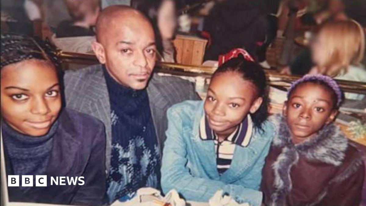 The three sisters, seen as teenagers, and their father sit together at a restaurant table, from left to right, Jane Adetoro, Joseph, Christina Walters and Rebecca Walters.