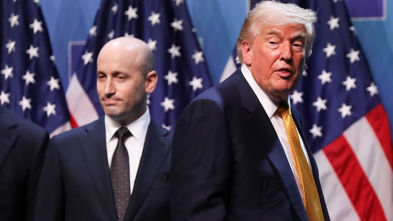 Donald Trump, President of the United States, and Stephen Miller, White House Deputy Chief of Staff, attend a press conference at the NATO Summit at the Presidential Complex in Ankara, Turkiye, on July 8, 2026. The North Atlantic Treaty Organization (NATO) is an international political and military organization established by the North Atlantic Treaty. Its members commit to protecting each other from any threat. The NATO Summit takes place this year in Ankara, where the NATO Public Forum and the NATO Summit Defense Industry Forum are held. (Photo by Klaudia Radecka/NurPhoto via Getty Images)