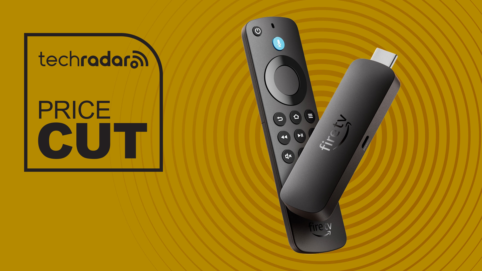 Amazon Fire TV Stick 4K Select on yellow background with TechRadar price cut sign