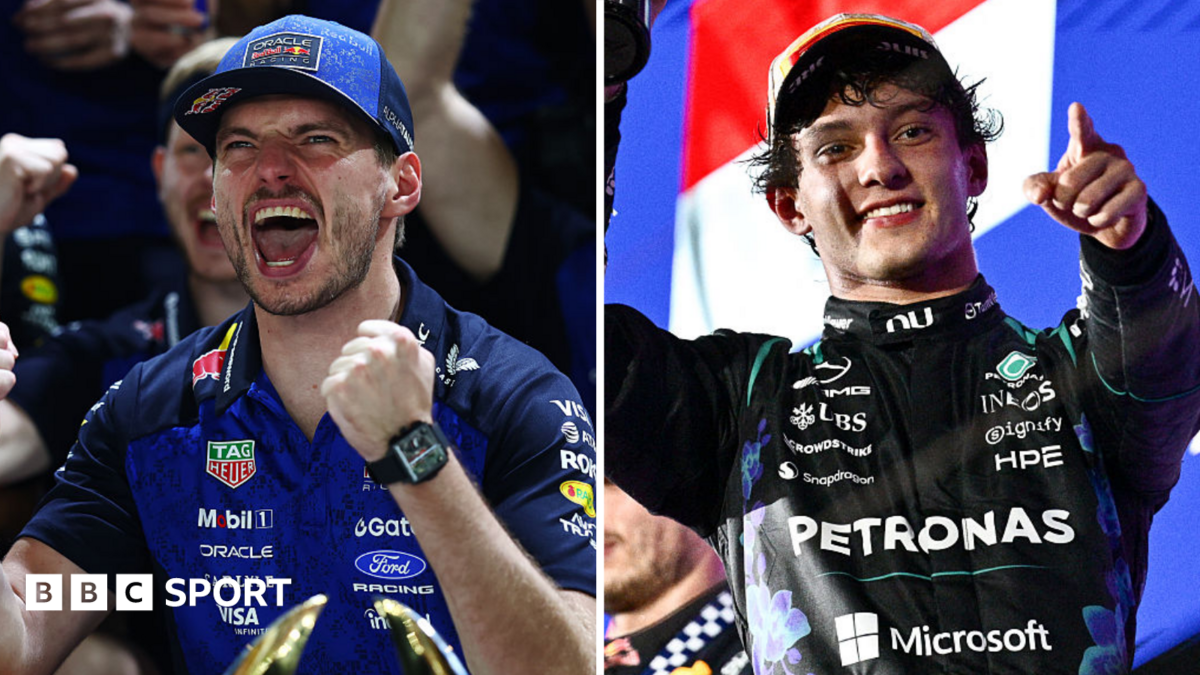 A split image of Max Verstappen and Kimi Antonelli celebrating following the Singapore Grand Prix