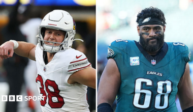 Split image of Chad Ryland celebrating as the Arizona Cardinals win at the Los Angeles Rams while Jordan Mailata looks disappointed after the Philadelphia Eagles lose to the Carolina Panthers