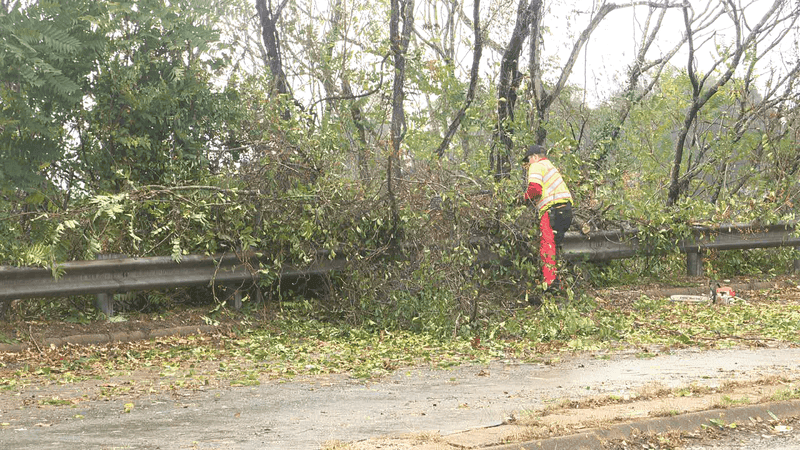 OCT. 10, 2026 - Crews clean up downed tree limbs on Westgate Pkwy in Asheville, N.C. (Photo credit: WLOS Staff)