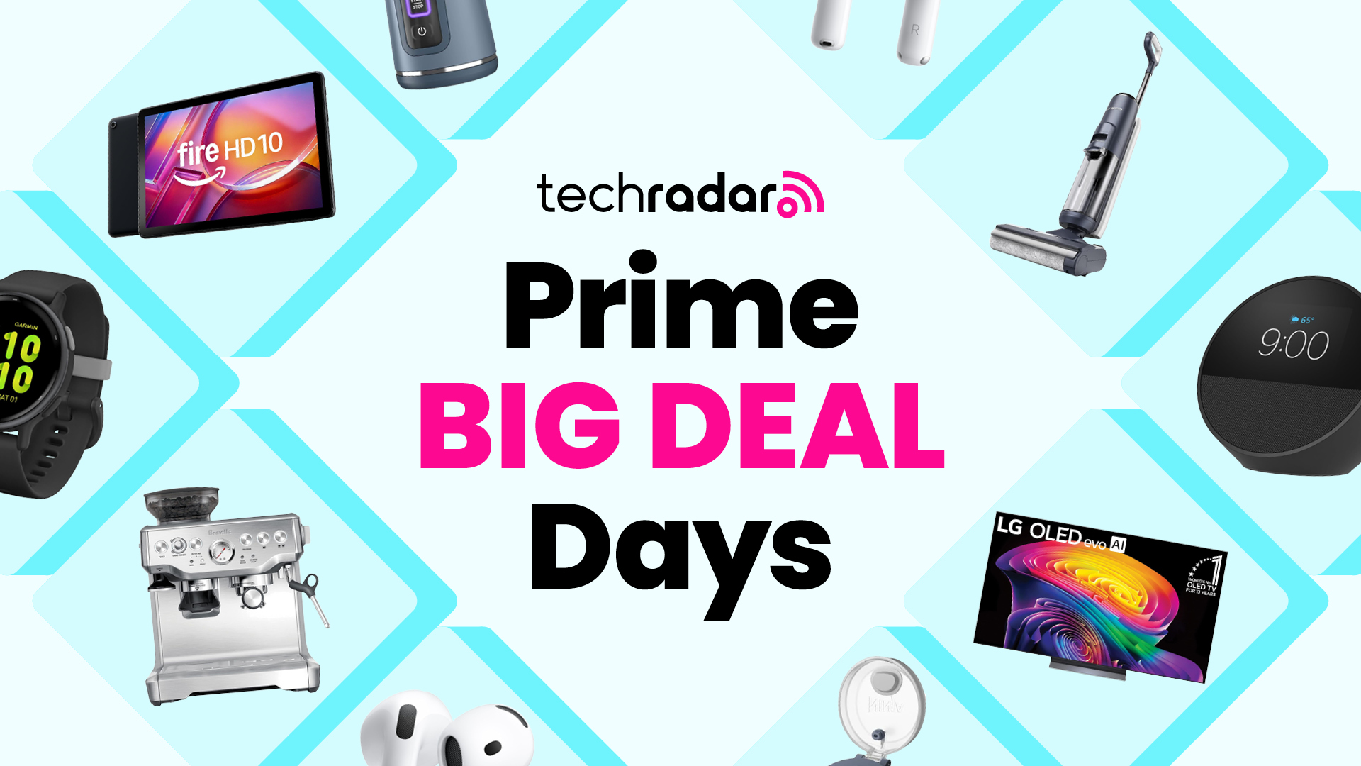 Amazon Prime Big Deal Days header image with a collage of tech products around the outside.