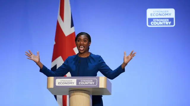 Conservative party leader Kemi Badenoch delivers her Keynote speech on the final day of the Conservative Party conference at the International Convention Centre on October 07, 2026 in Birmingham, England