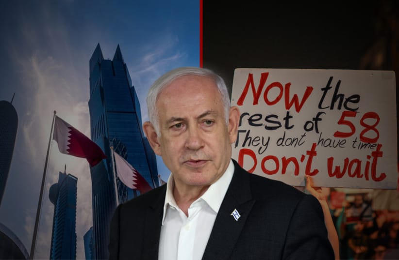 Prime Minister Benjamin Netanyahu over a backdrop of Qatar and a hostage deal protest in Israel.