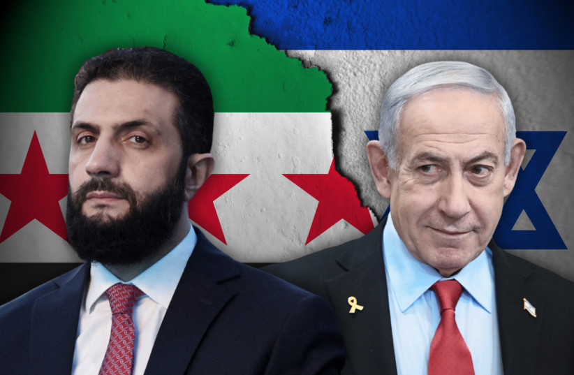(L-R) Syrian President Ahmed al-Sharaa, Prime Minister Benjamin Netanyahu, on the backdrop of Syrian and Israeli flags (illustrative)