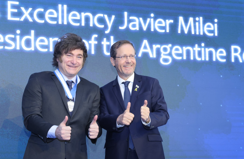 Argentina's Prime Minister Javier Milei receives the Genesis Prize at the Museum of Tolerance in Jerusalem, June 12, 2025.